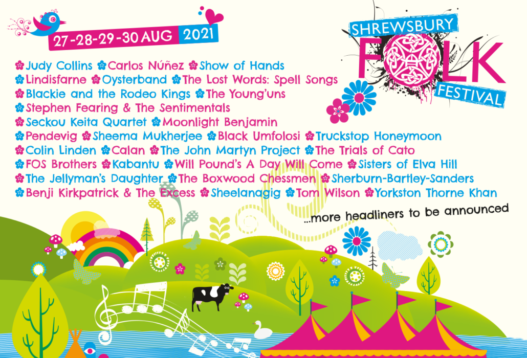 Graphic announcing artists for Shrewsbury Folk Festival 2021