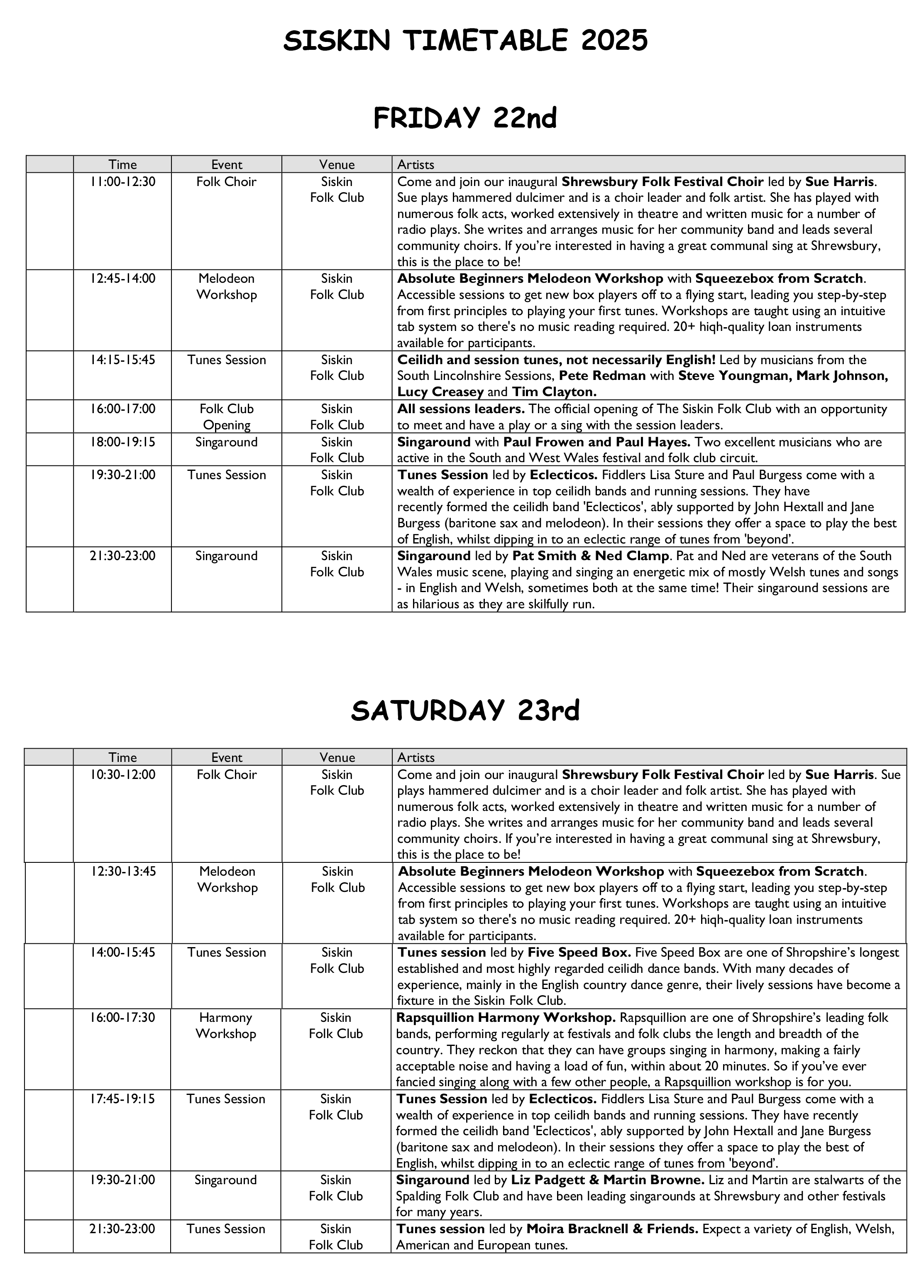 Siskin Timetable Fri-Sat 2025